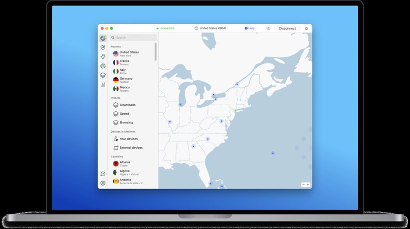 NordVPN desktop app connected to a server in New York, showing the connection status and world map