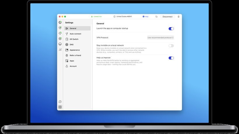NordVPN desktop settings panel listing Threat Protection Pro alongside Kill Switch and Split tunneling